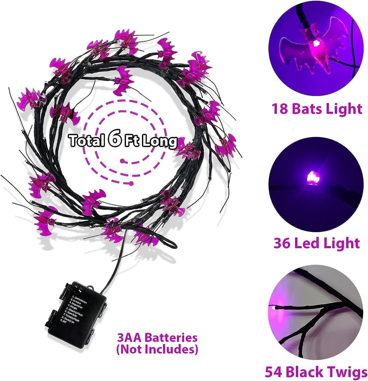 Outdoor Waterproof LED Halloween Decorative Light Rattan Spider Bat Tree Branch Light Party Atmosphere Ghost Festival Chopsticks