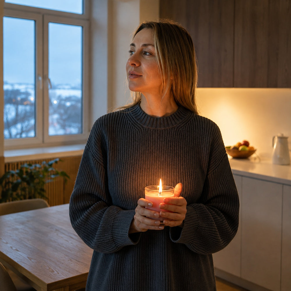 A glowing candle creates quiet warmth, turning ordinary evenings into comforting moments.
