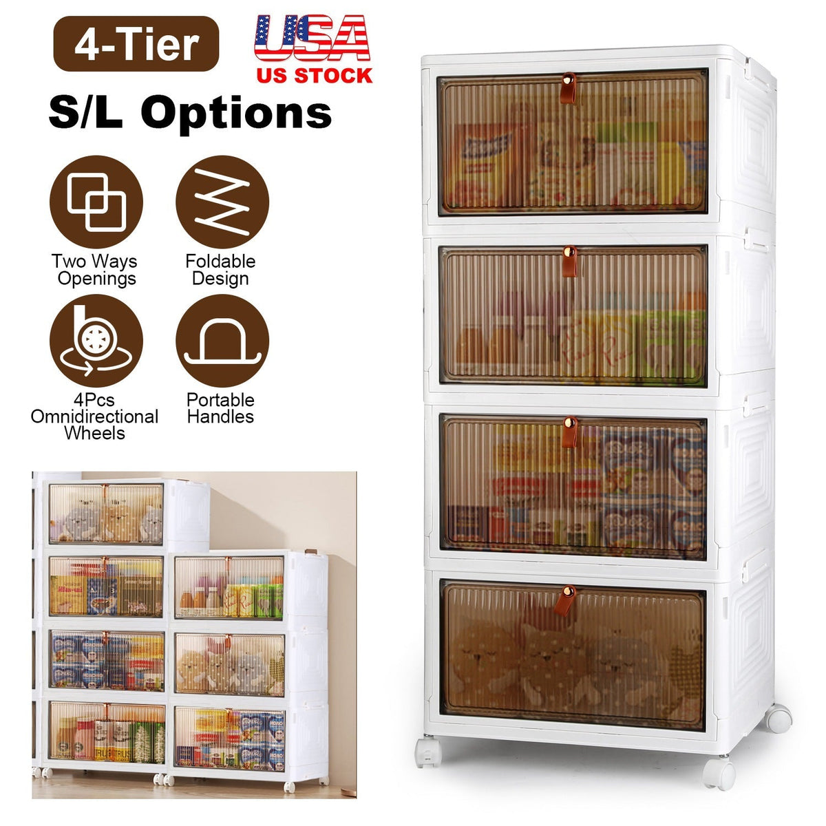 4-Tier Foldable Storage Bins with Lid and Wheels