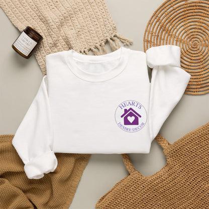 Crewneck Sweatshirt — Hearts Desire Decor Logo (Purple Home Heart)