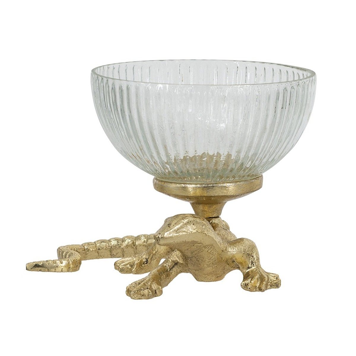 Gold Lizard Pedestal Bowl with Ribbed Glass Dish