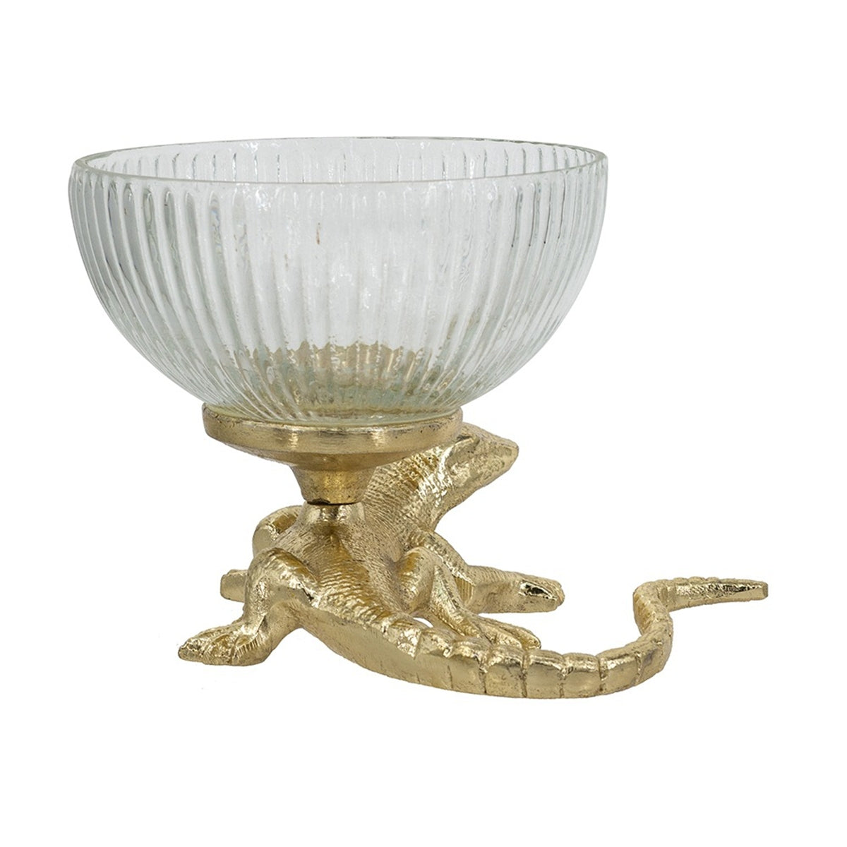 Gold Lizard Pedestal Bowl with Ribbed Glass Dish