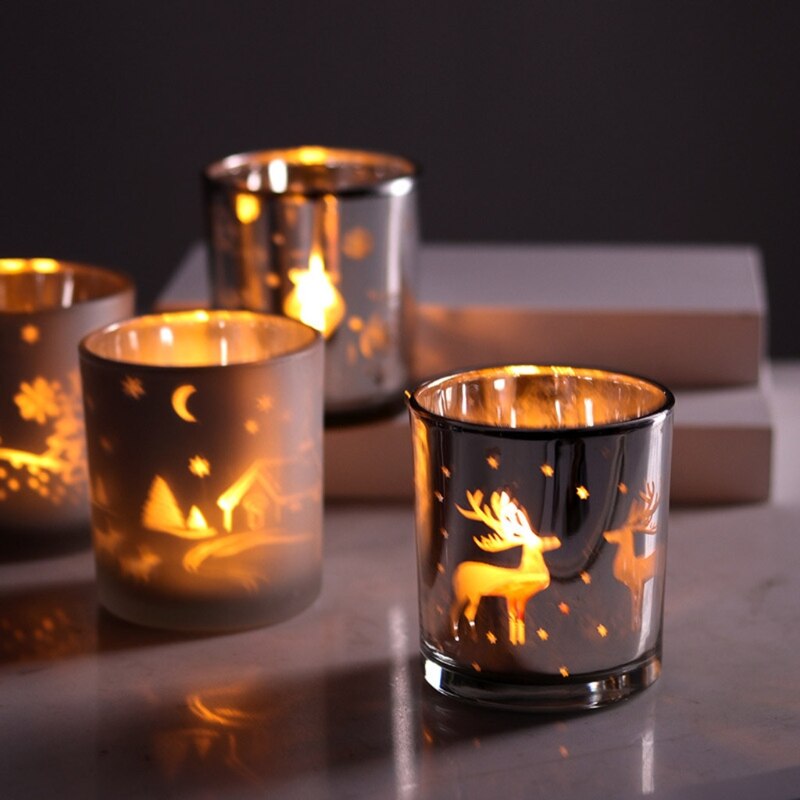 Silver Reindeer Pattern Glass Candle Container for Home Decor