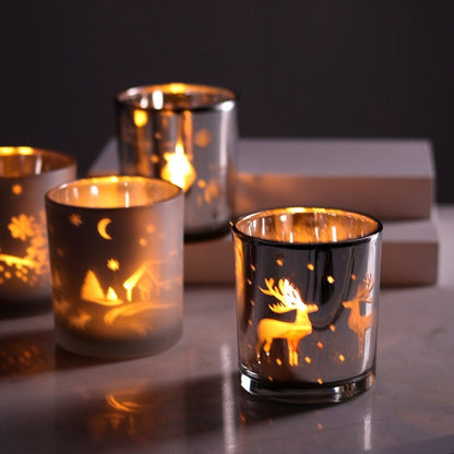 Silver Reindeer Pattern Glass Candle Container for Home Decor