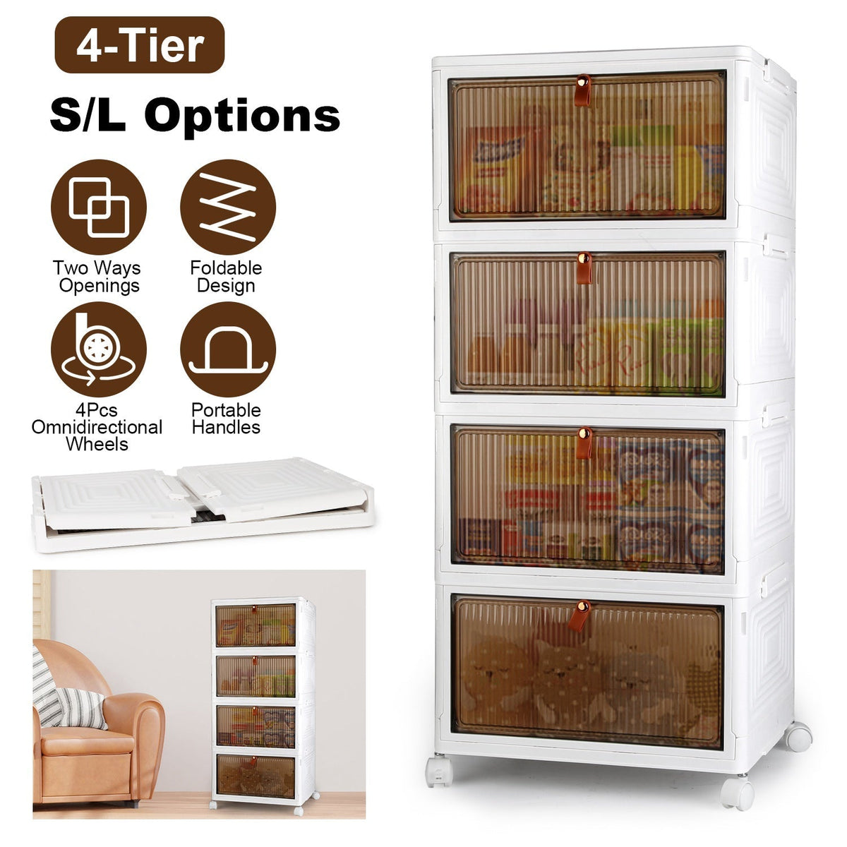 4-Tier Foldable Storage Bins with Lid and Wheels