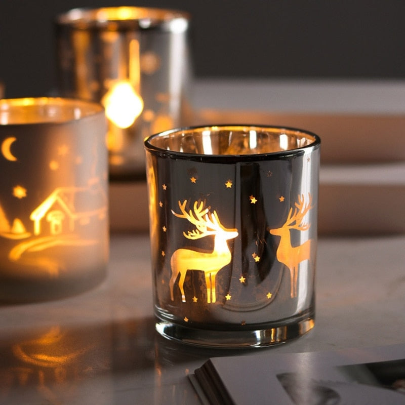Silver Reindeer Pattern Glass Candle Container for Home Decor
