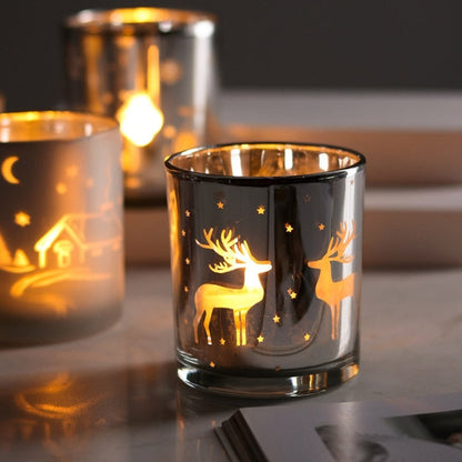 Silver Reindeer Pattern Glass Candle Container for Home Decor