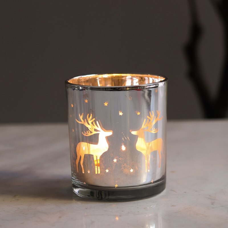 Silver Reindeer Pattern Glass Candle Container for Home Decor
