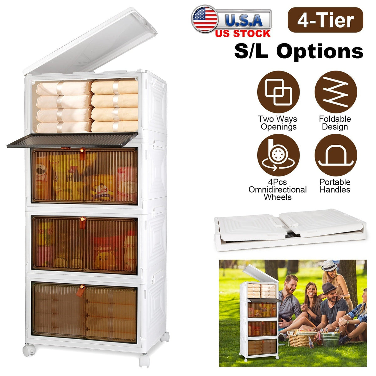 4-Tier Foldable Storage Bins with Lid and Wheels