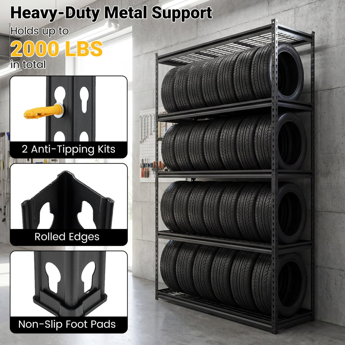 Five-Tier Metal Shelving Unit with 2000-LB Capacity
