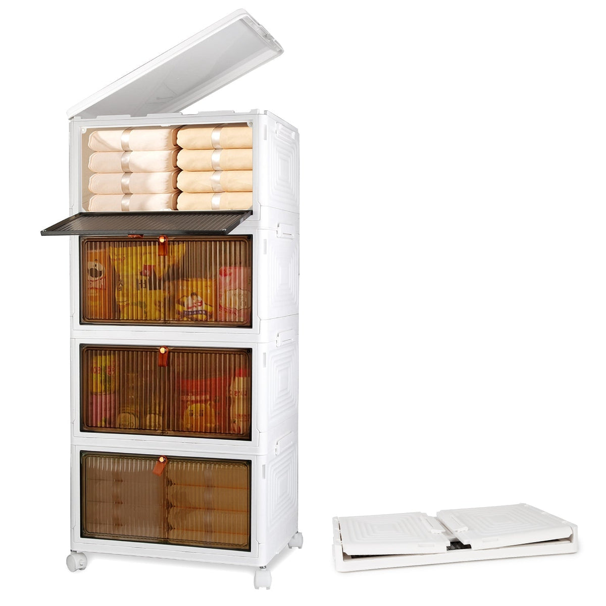 4-Tier Foldable Storage Bins with Lid and Wheels