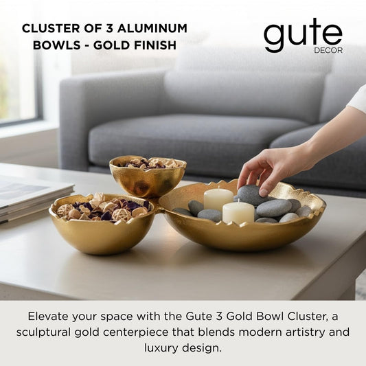 Bright Gold Brass Three-Cluster Decorative Snack Bowl Tray