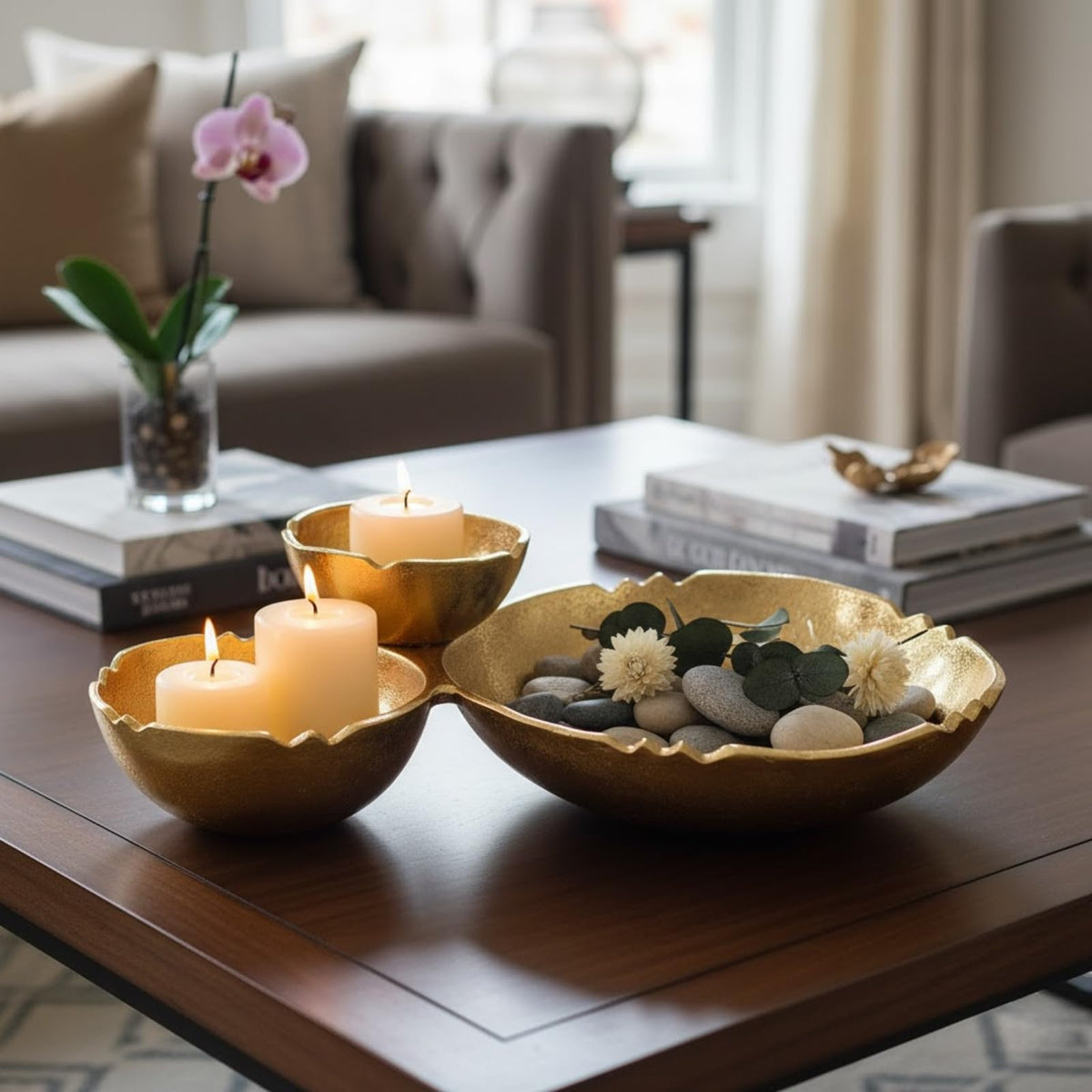 Bright Gold Brass Three-Cluster Decorative Snack Bowl Tray