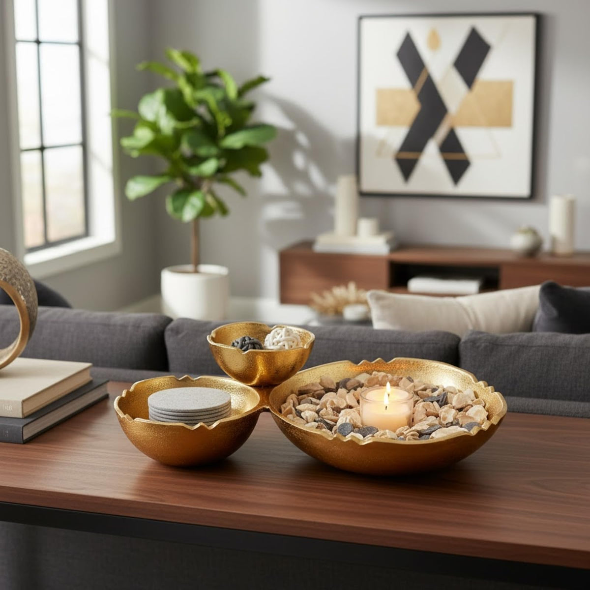 Bright Gold Brass Three-Cluster Decorative Snack Bowl Tray