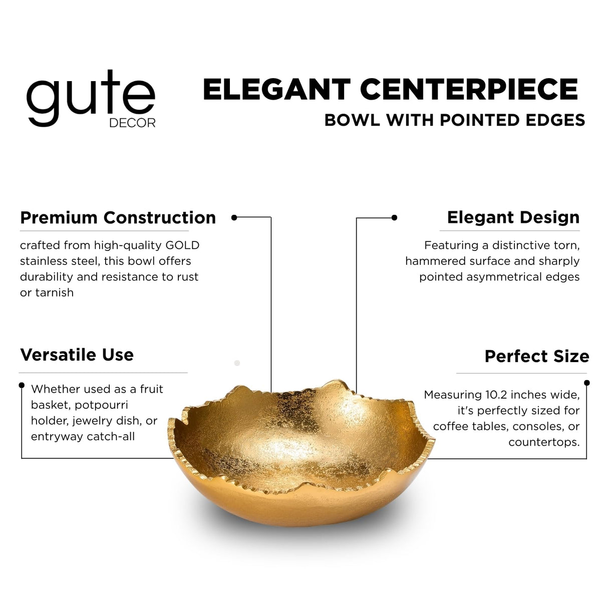 Decorative Gold Moon Hammered Asymmetrical Metal Centerpiece Bowl