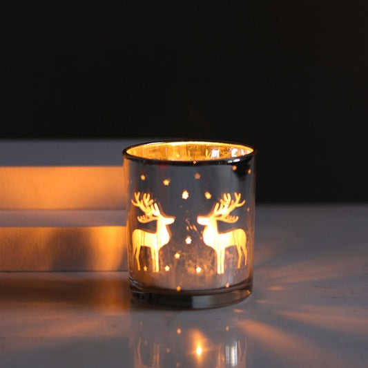 Silver Reindeer Pattern Glass Candle Container for Home Decor
