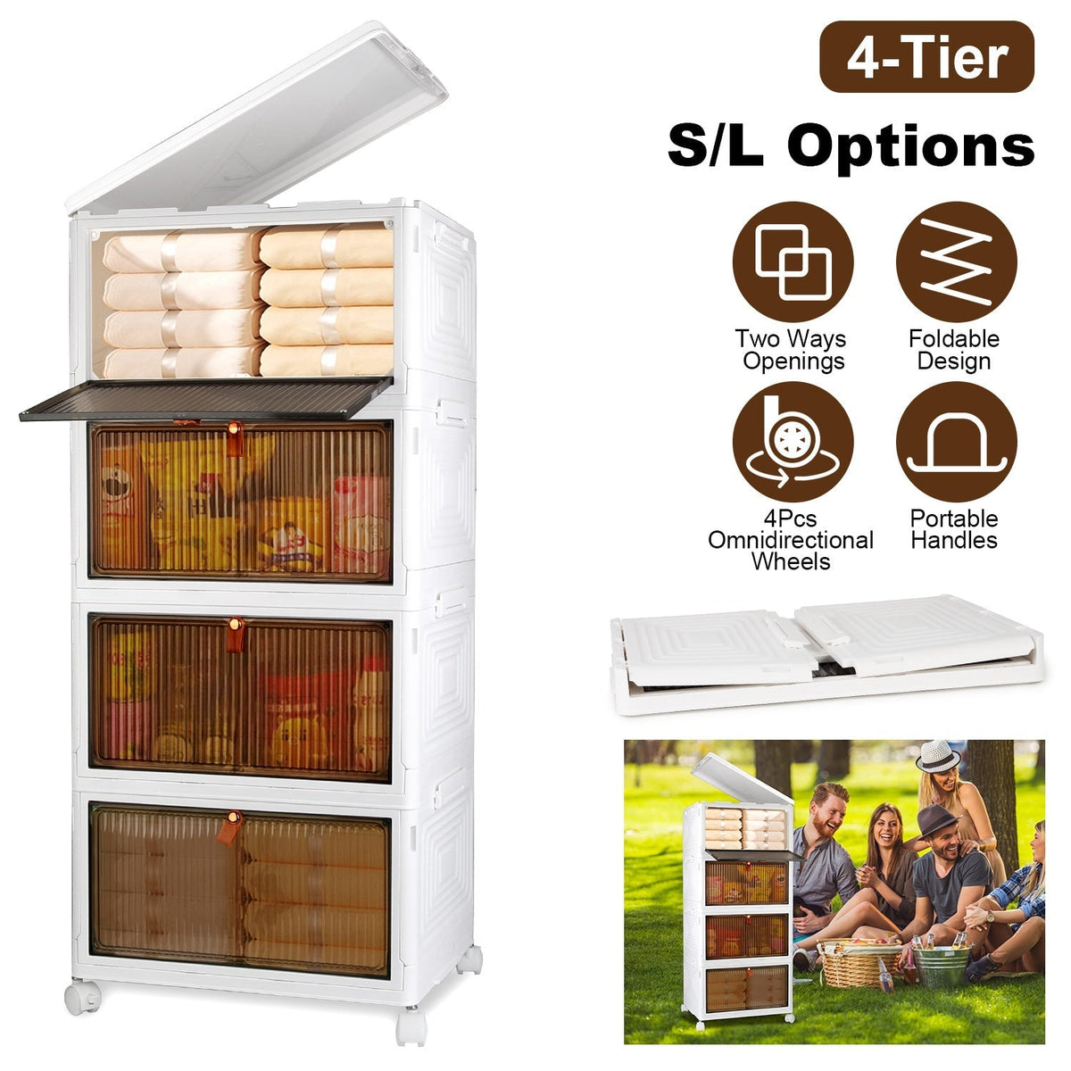 4-Tier Foldable Storage Bins with Lid and Wheels