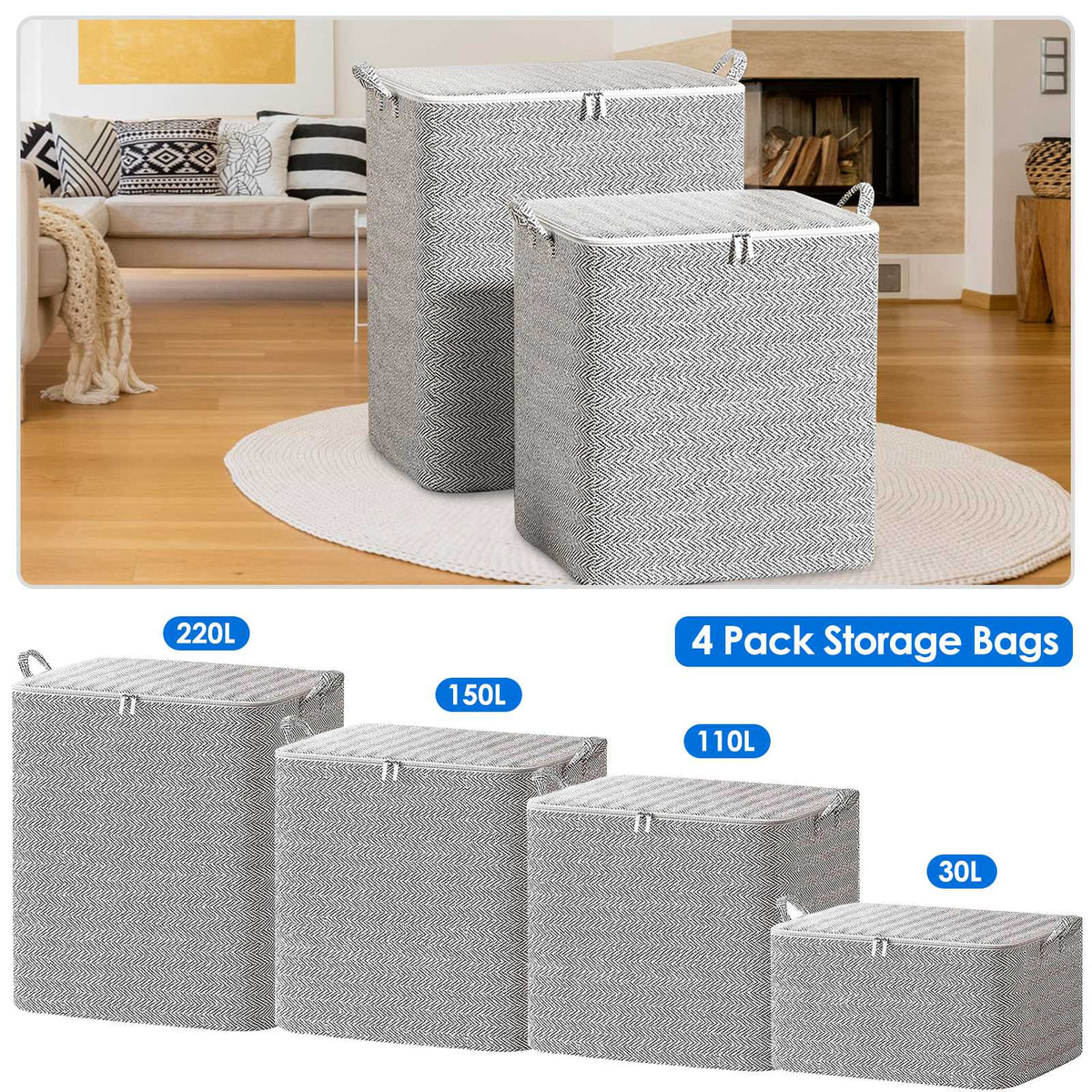 4-Pack Foldable Nonwoven Storage Bags with Zipper Lids
