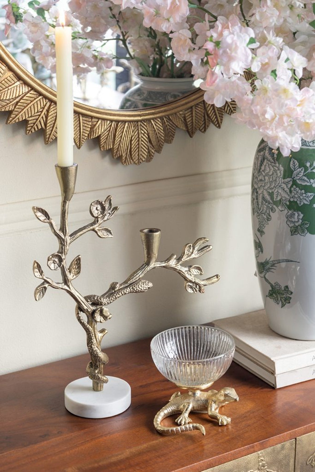 Gold Lizard Pedestal Bowl with Ribbed Glass Dish