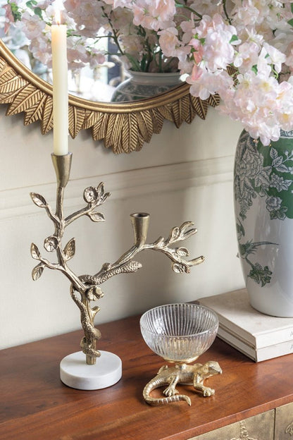 Gold Lizard Pedestal Bowl with Ribbed Glass Dish