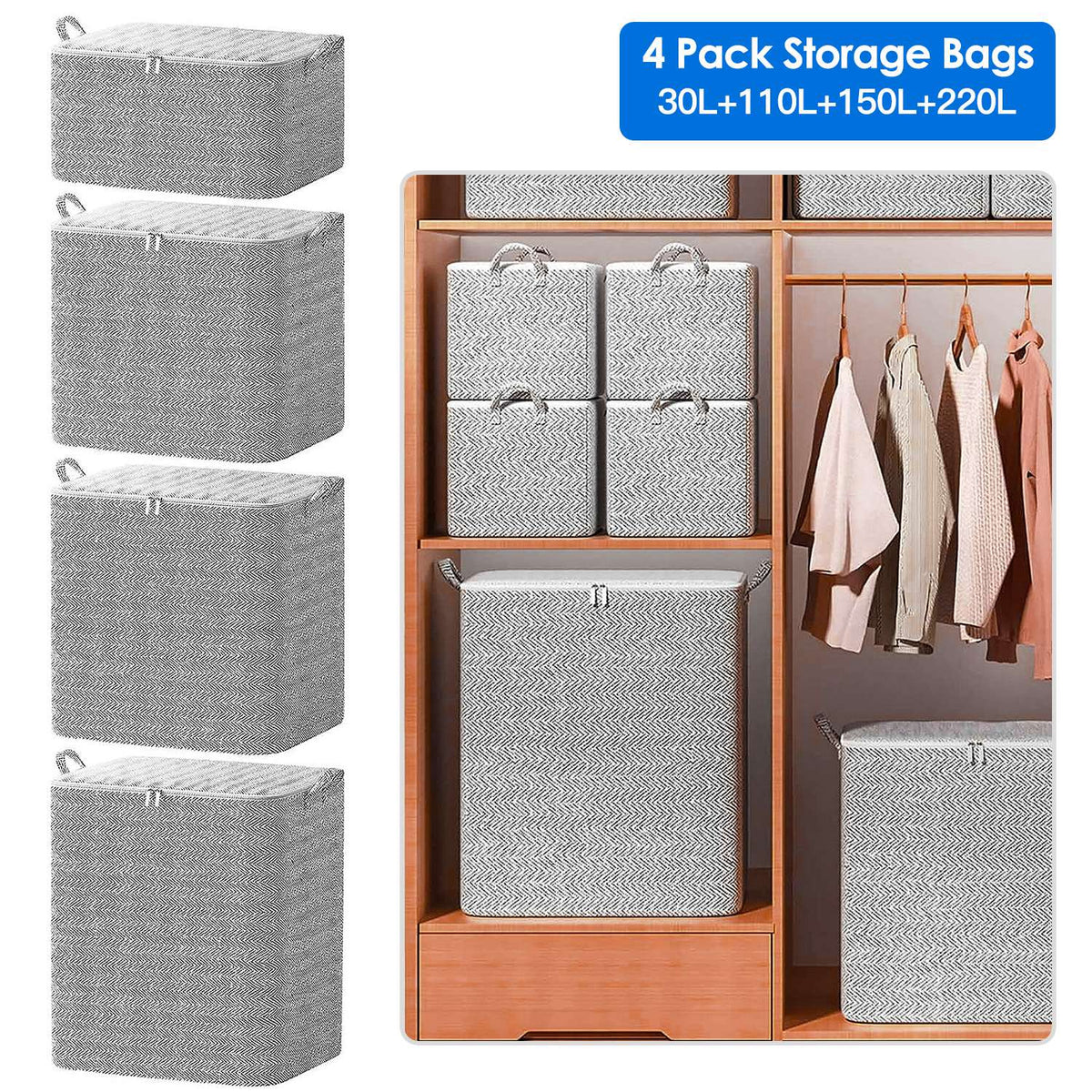 4-Pack Foldable Nonwoven Storage Bags with Zipper Lids