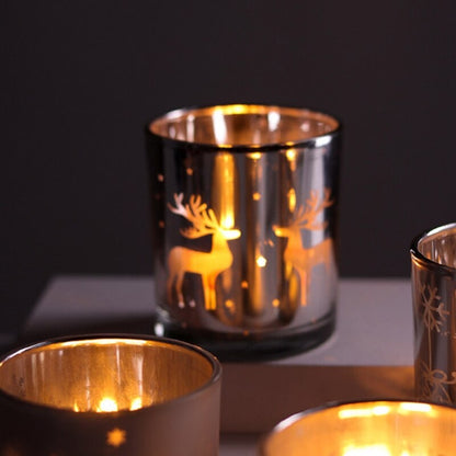 Silver Reindeer Pattern Glass Candle Container for Home Decor