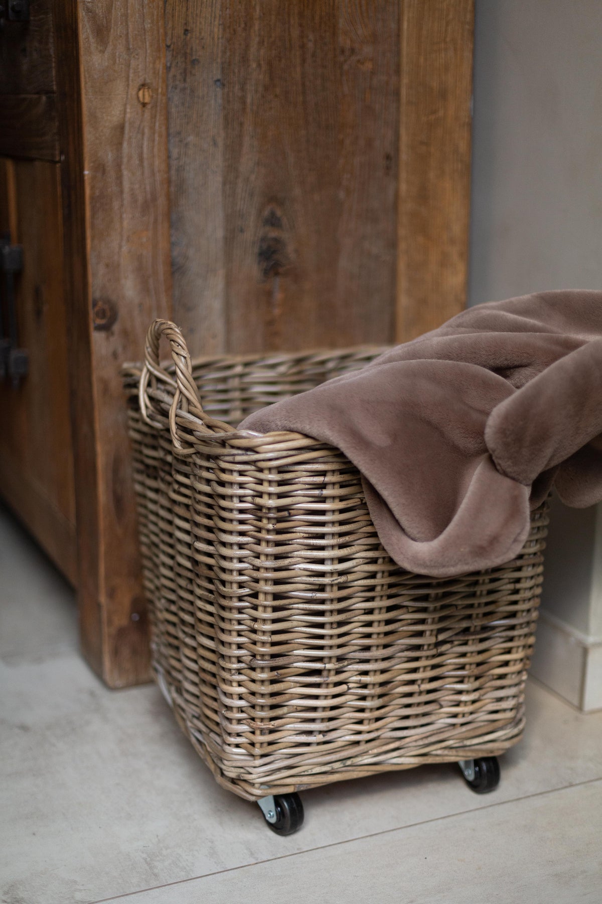 Rattan Square Storage Basket with Convenient Rolling Wheels