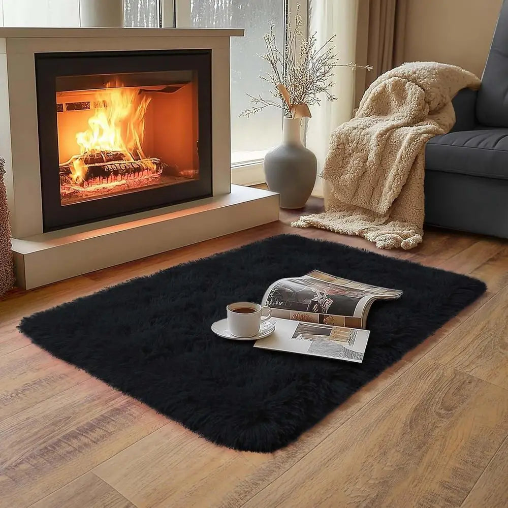 Small Black Plush Bedroom Area Rug