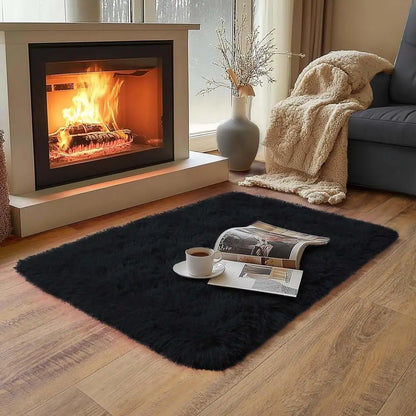 Small Black Plush Bedroom Area Rug