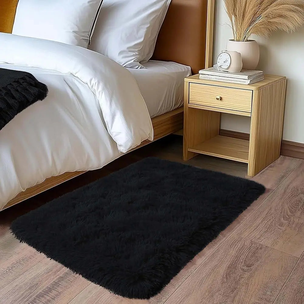 Small Black Plush Bedroom Area Rug