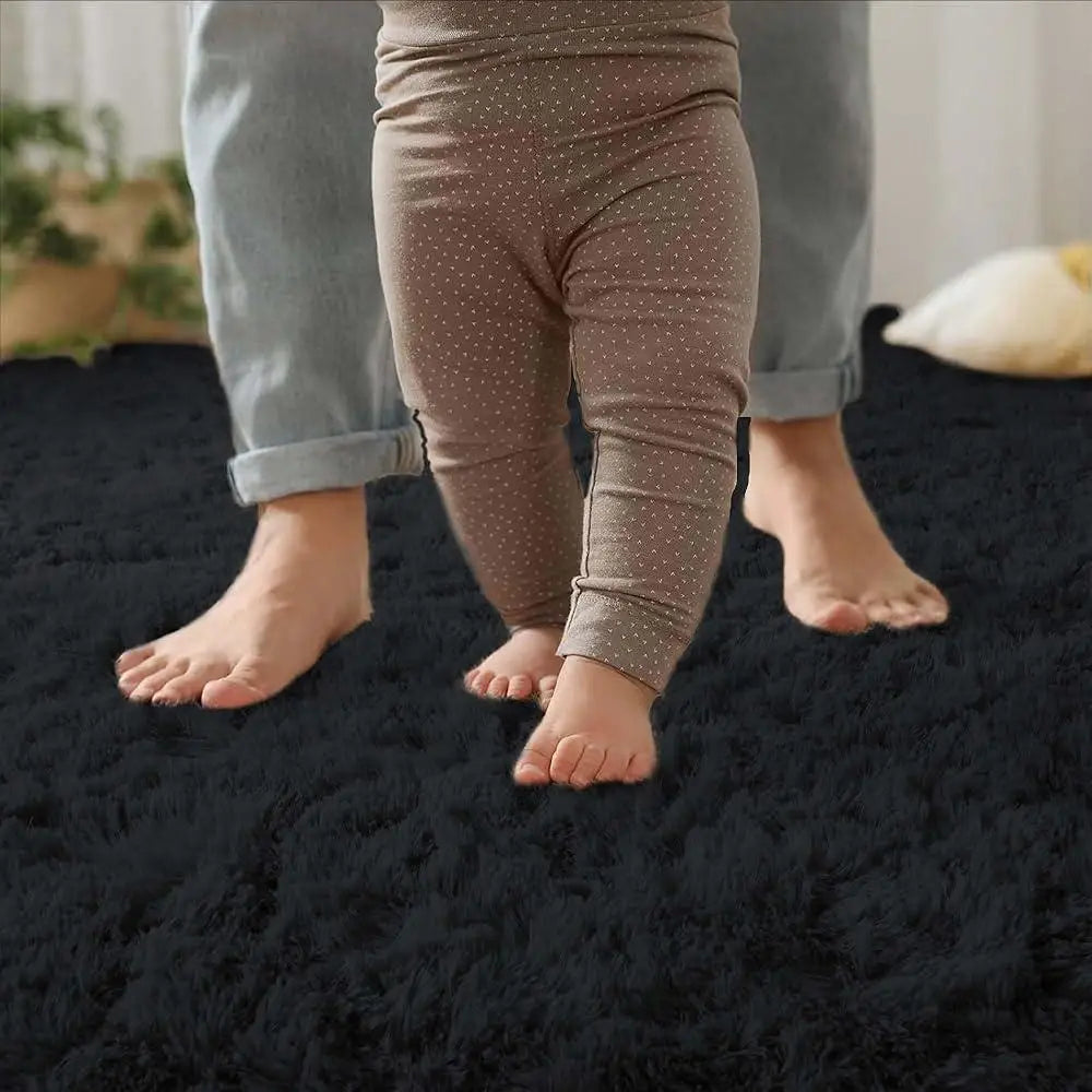 Small Black Plush Bedroom Area Rug