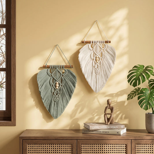 Sage Green Natural Macrame Leaf Wall Hanging Set