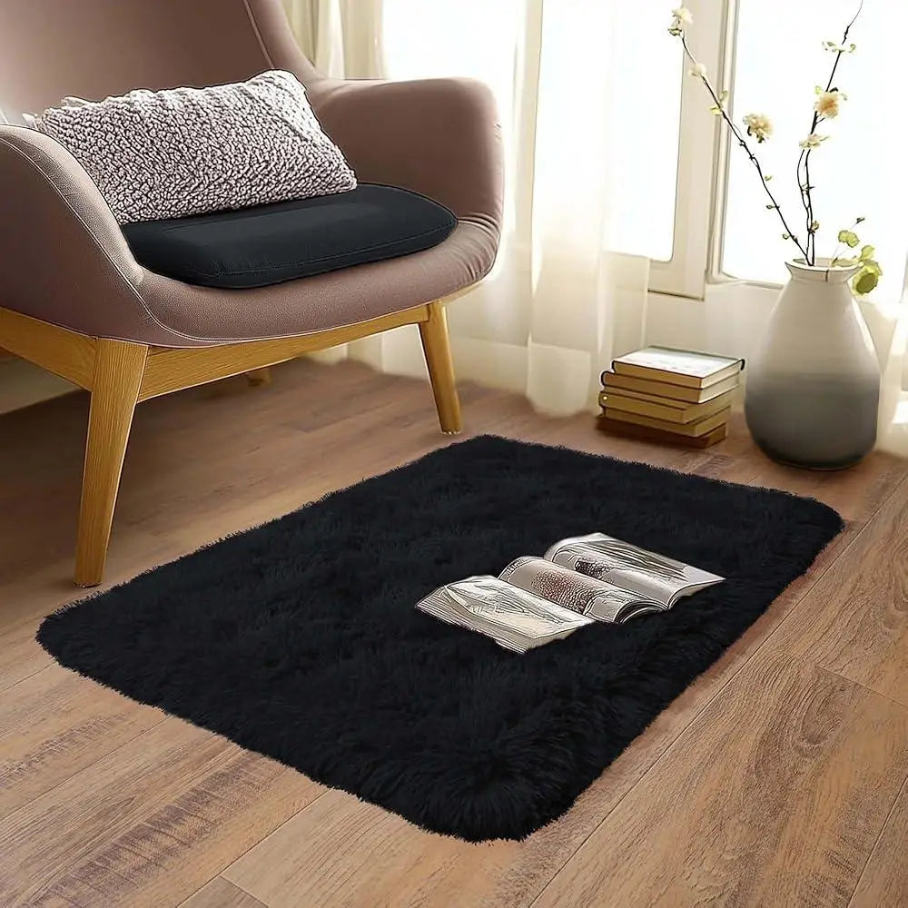 Small Black Plush Bedroom Area Rug