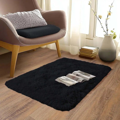 Small Black Plush Bedroom Area Rug