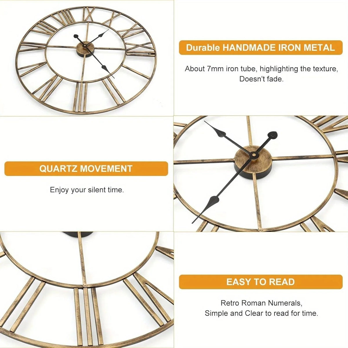 Silent Metal Roman 12-Inch Wall Clock Home Decor