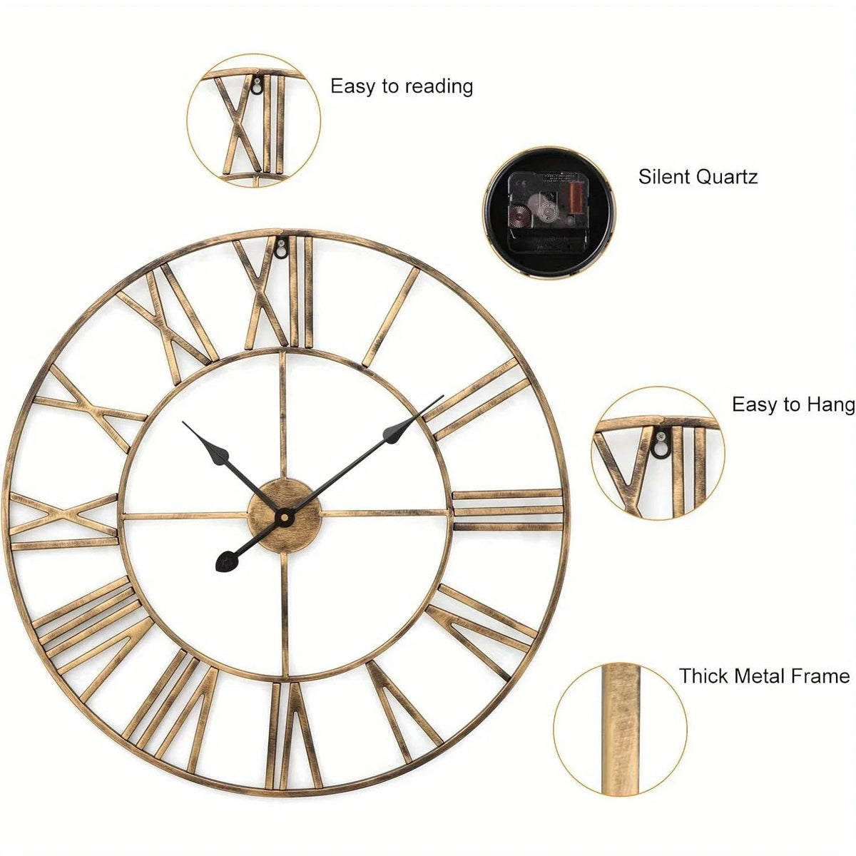 Silent Metal Roman 12-Inch Wall Clock Home Decor