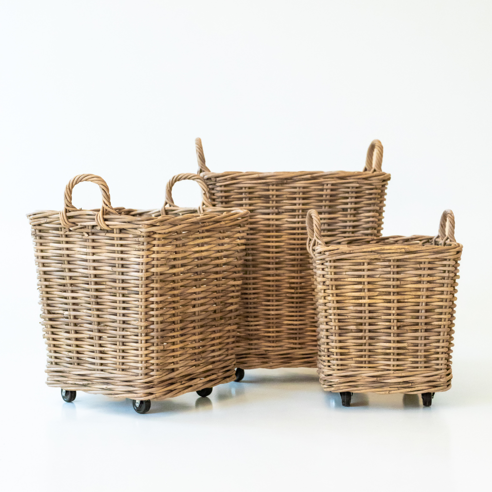Rattan Square Storage Basket with Convenient Rolling Wheels