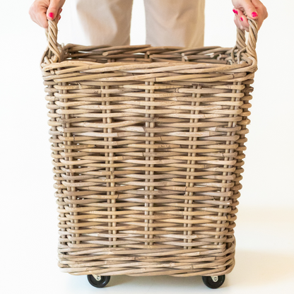 Rattan Square Storage Basket with Convenient Rolling Wheels