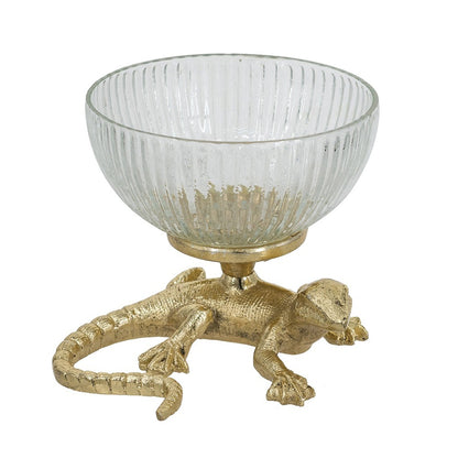 Gold Lizard Pedestal Bowl with Ribbed Glass Dish
