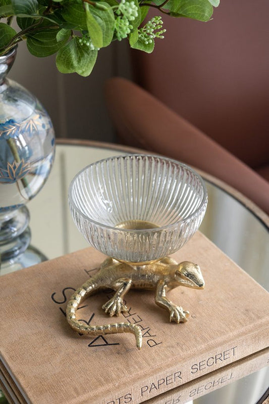 Gold Lizard Pedestal Bowl with Ribbed Glass Dish