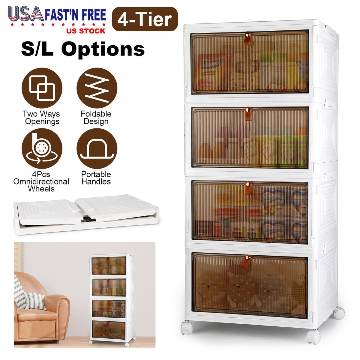 4-Tier Foldable Storage Bins with Lid and Wheels