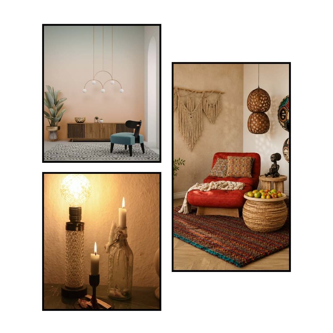 A three-panel collage showcasing bohemian-style home decor and interior scenes: a modern chandelier in a minimalist room, a red armchair with woven rugs and baskets in a warm living space, and two decorative candle holders under glowing bulbs in a cozy lit setting.