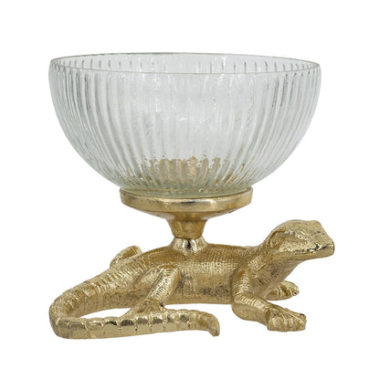 Gold Lizard Pedestal Bowl with Ribbed Glass Dish