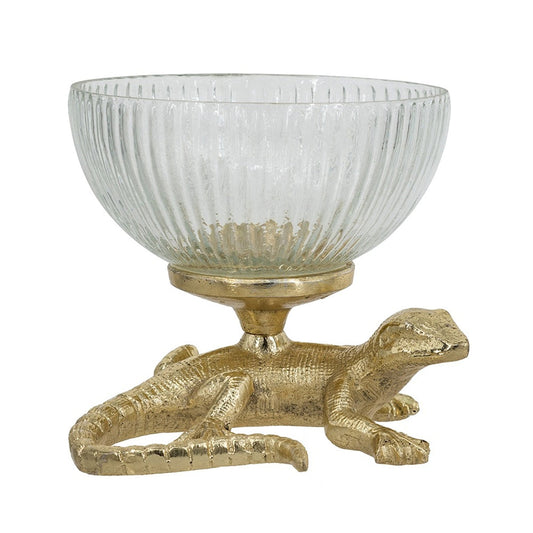 Gold Lizard Pedestal Bowl with Ribbed Glass Dish