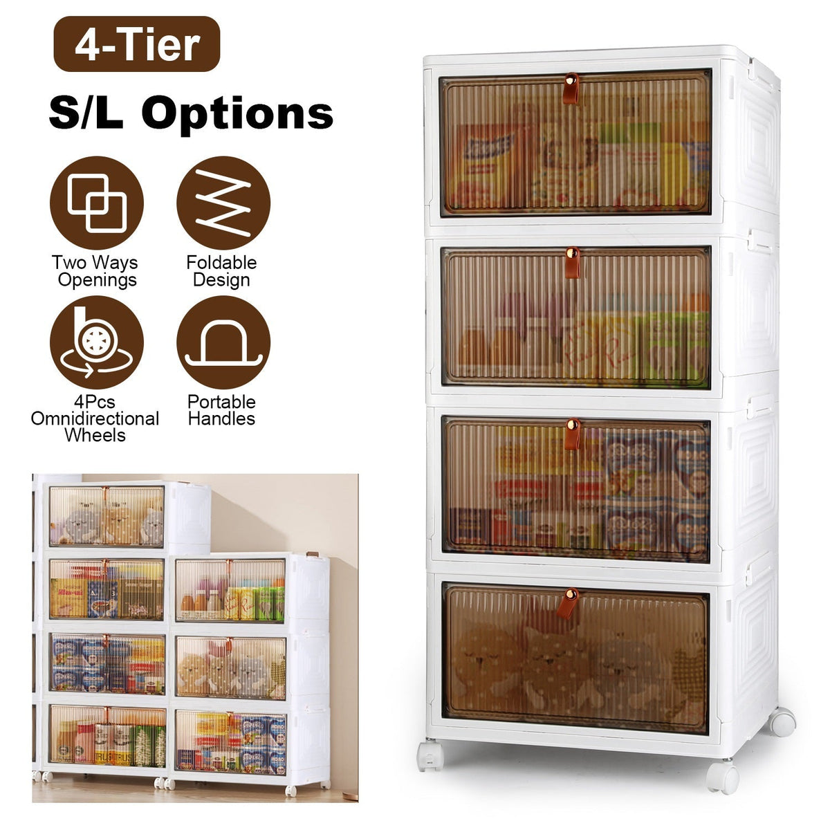 4-Tier Foldable Storage Bins with Lid and Wheels