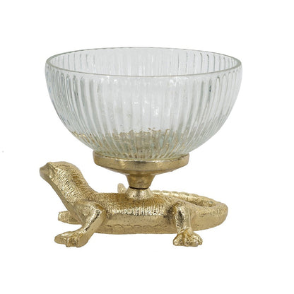 Gold Lizard Pedestal Bowl with Ribbed Glass Dish