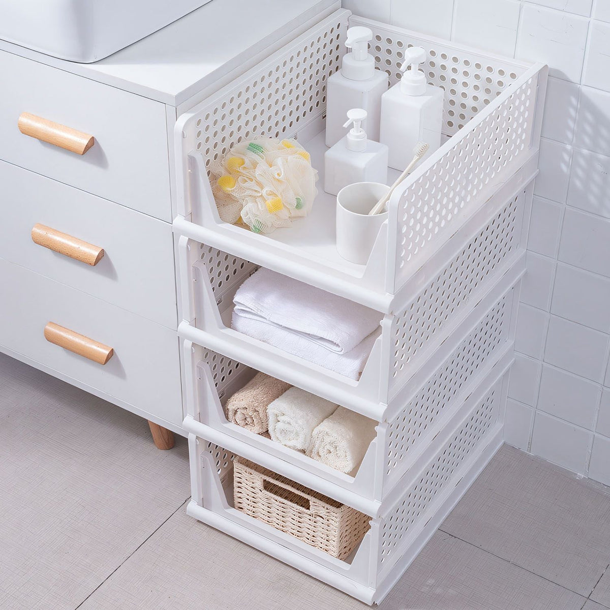 4-Pack Foldable Plastic Storage Bins with Sliding Drawers
