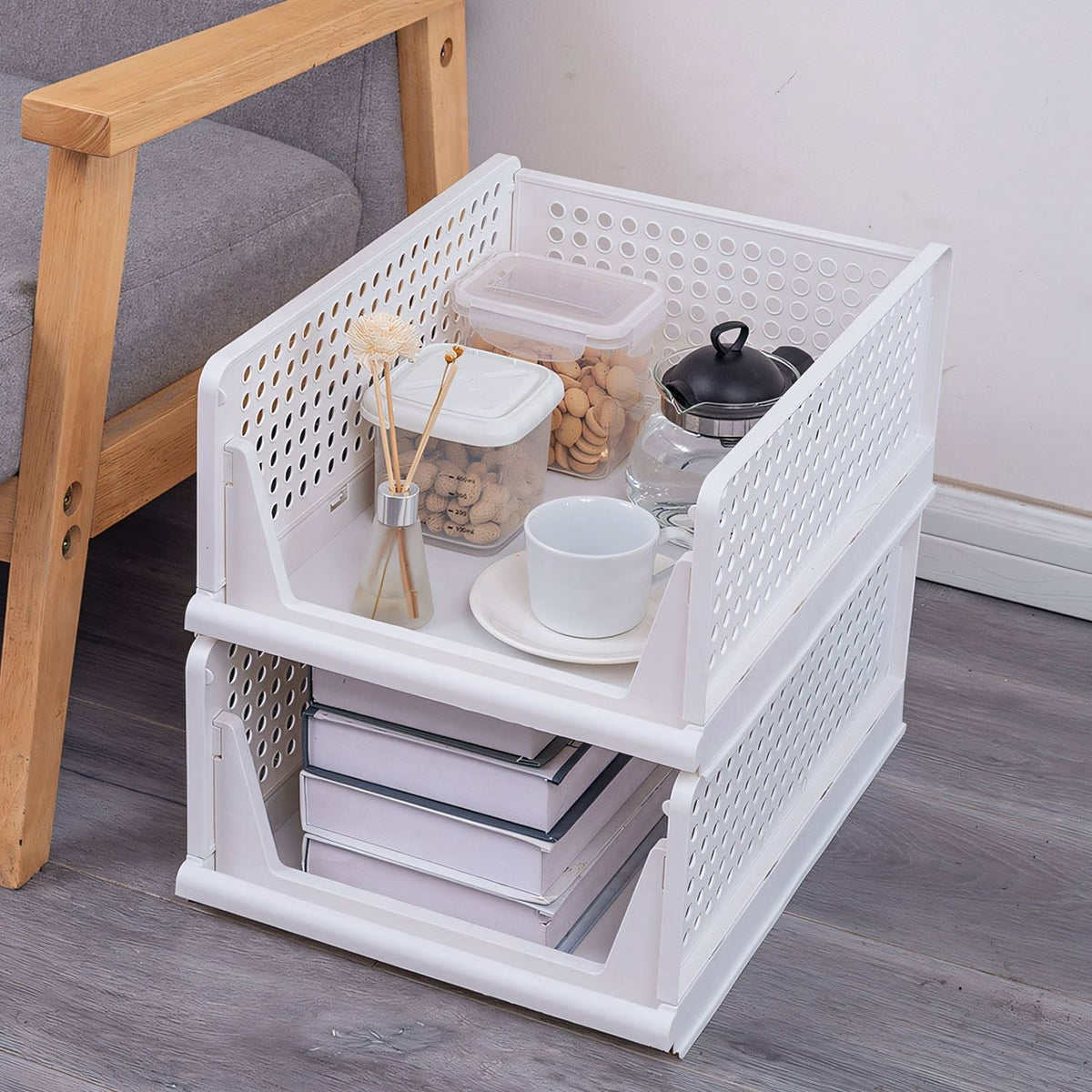 4-Pack Foldable Plastic Storage Bins with Sliding Drawers
