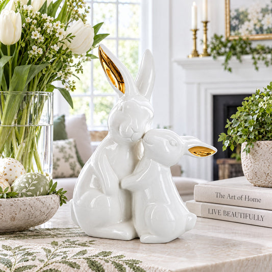 Elegant Ceramic Mother Bunny Baby Figurine 8 Inches Tall