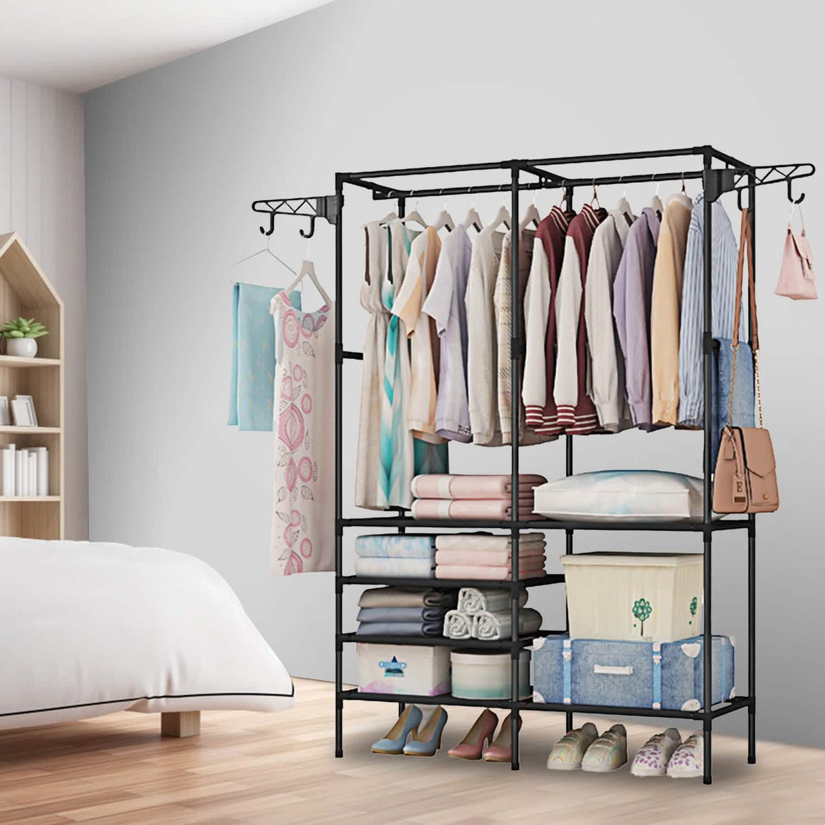 Metal Garment Rack with Shoe Clothing Storage Shelves